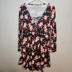 Kate Kasin Festive Santa Print Dress Christmas XL Lace Up Long Sleeve Holiday